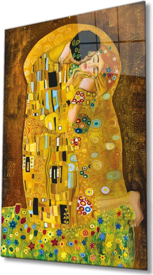 Gustav Klimt Öpücük Cam Tablo, Ev Ve Ofis Duvar Dekoru, Hediyelik Büyük Temperli 4 Mm Cam Tablo