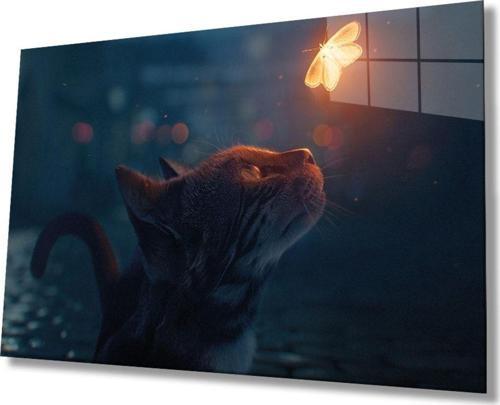 Kedi Ve Kelebek Soyut Cam Tablo, Ev Ve Ofis Duvar Dekoru, Hediyelik Büyük Temperli 4 Mm Cam Tablo