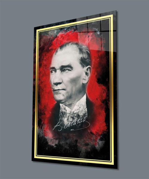 Gold Şerit Kırmızı Siyah Fonlu Atatürk Cam Tablo, Uv Baskılı Ve Temperli, Hediyelik