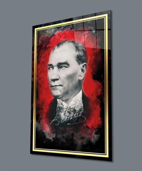 Gold Şerit Kırmızı Siyah Fonlu Atatürk Cam Tablo, Uv Baskılı Ve Temperli, Hediyelik
