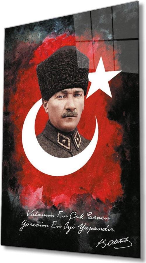 Vatanını En Çok Seven Görevini En İyi Yapandır Atatürk Türk Bayrağı Cam Tablo, Ev Ofis Duvar Dekoru