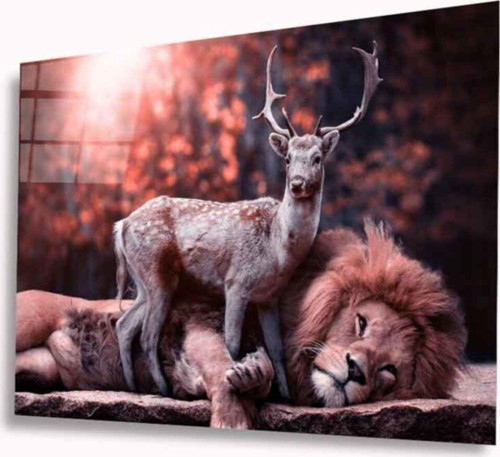 Aslan Ve Geyik Cam Tablo 4Mm Dayanıklı Temperli Cam