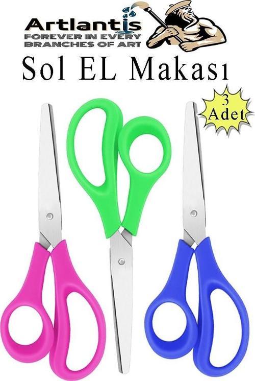 Sol El Makası 3 Adet Solak Okul Makası Plastik Saplı Solel İçin Makas Okul Öğrenci Makası Küt Uçlu Paslanmaz Çelik
