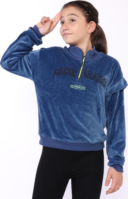 Toontoy Kız Çocuk Fermuar Detaylı Nakışlı Kadife Sweatshirt