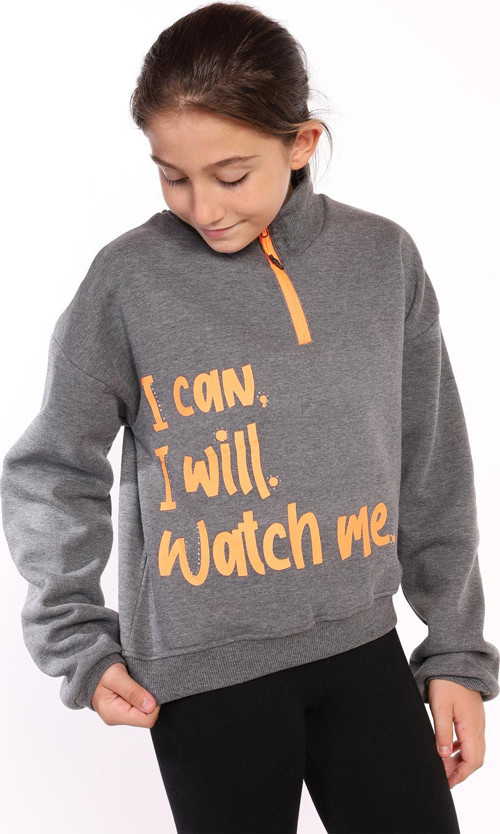 Toontoy Kız Çocuk Dik Yaka Fermuarlı Baskılı Sweatshirt