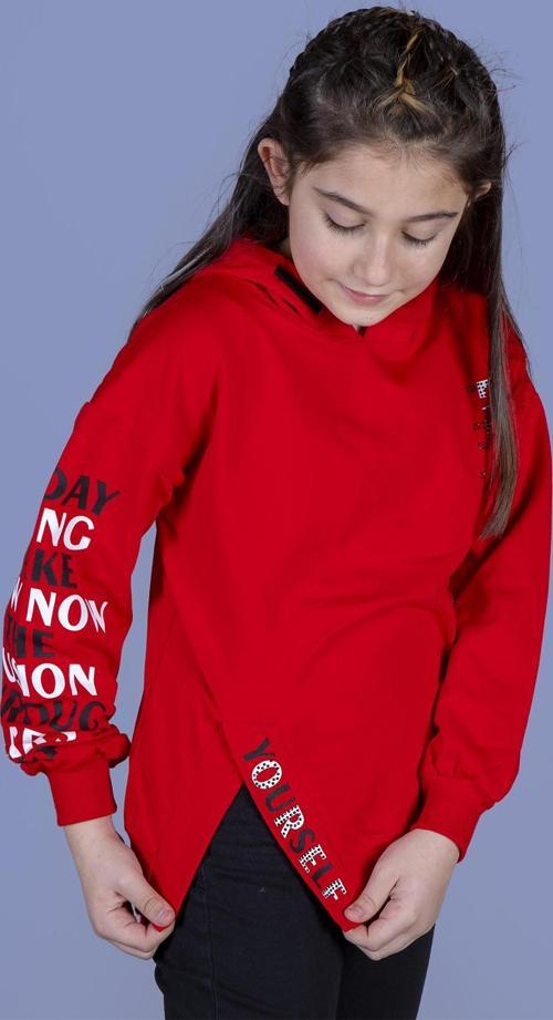 Toontoy Kız Çocuk Kapüşonlu Yırtmaç Detaylı Baskılı Sweatshirt