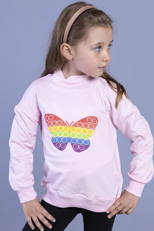 Toontoy Kız Çocuk Pamuklu Balıkçı Yaka Popıt Desenli Sweatshirt