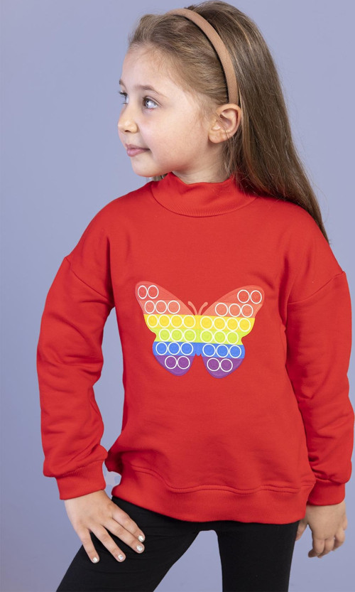 Toontoy Kız Çocuk Pamuklu Balıkçı Yaka Popıt Desenli Sweatshirt
