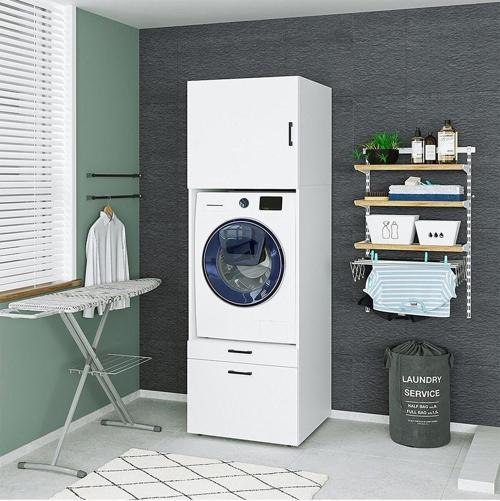 Çamaşır-Kurutma Makinesi Dolabı + Üst Dolabı Mat Beyaz