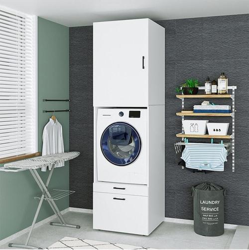Çamaşır-Kurutma Makinesi Dolabı + Üst Dolabı Mat Beyaz 240X67