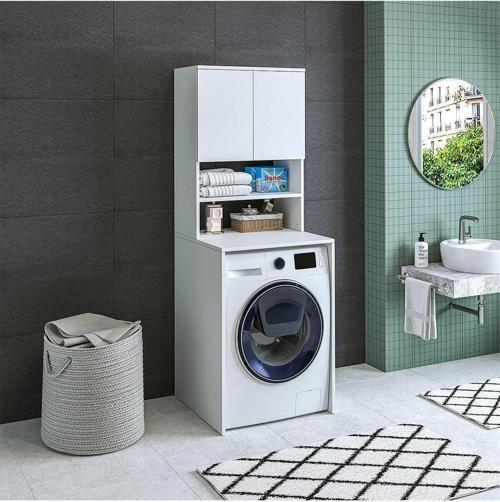 Cd11 Çamaşır-Kurutma Makinesi Dolabı 3 Raflı 2 Kapaklı Banyo Dolabı Mat Beyaz