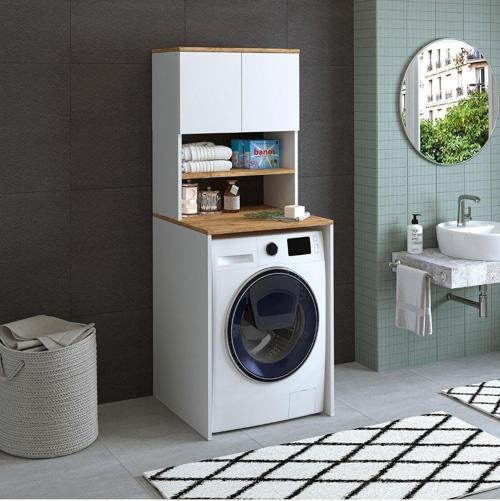 Cd9 Çamaşır-Kurutma Makinesi Dolabı 3 Raflı 2 Kapaklı Banyo Dolabı Mat Beyaz-Ahşap 1712