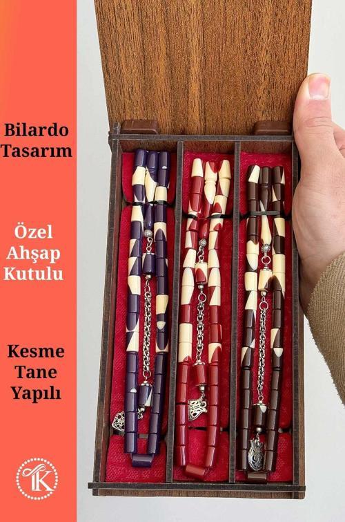 3'lü Ahşap Kutusunda Kesme Bilardo Toz Kehribar Tesbih