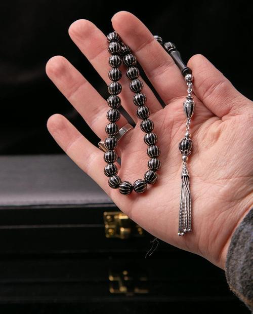 8 mm Sıkma Kehribar Üzerine Gümüş İşleme Tesbih