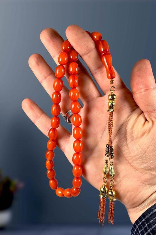 Koyu Turuncu Lale Püsküllü Toz Kehribar Tesbih