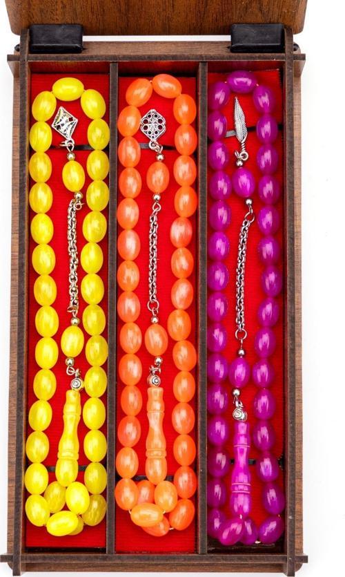 Ahşap Kutuda 3'lü Neon Renk Toz Kehribar Tesbih Seti