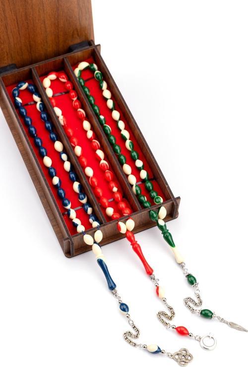 Ahşap Kutuda 3'lü Toz Kehribar Bilardo Tesbih Seti