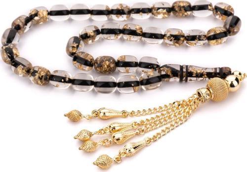 Özel Dizayn Püsküllü Siyah Altın Varaklı Toz Kehribar Tesbih