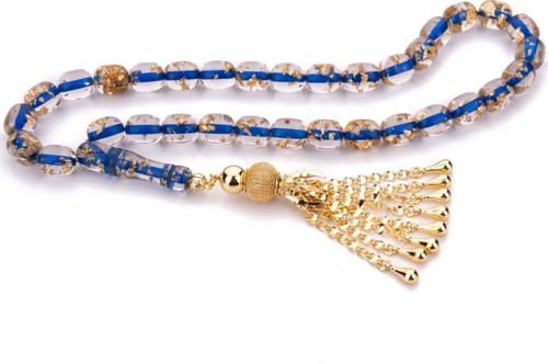 Özel Püskül Tasarımlı Mavi Altın Varaklı Toz Kehribar Tesbih
