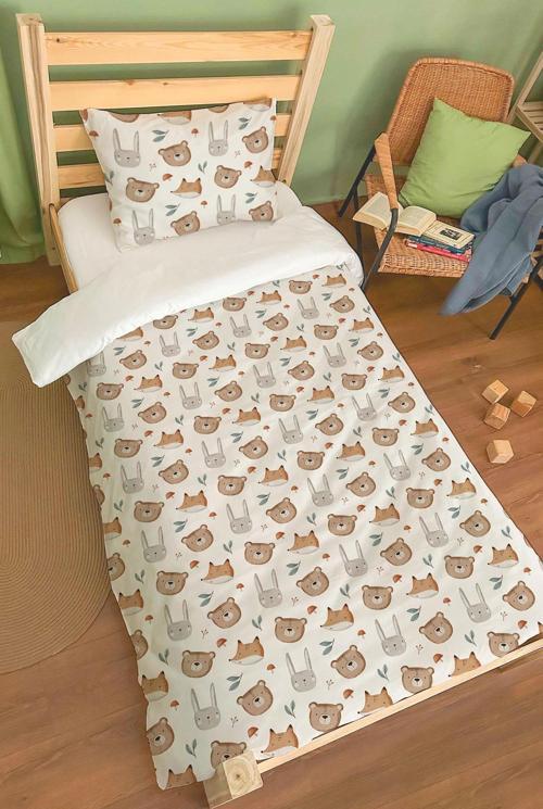 Organik Tek Kişilik Nevresim Takımı (160x220) - Sevimli Yüzler