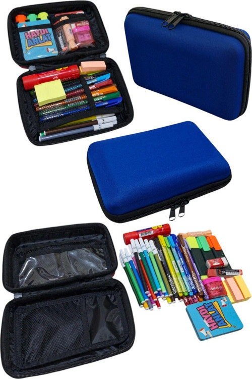 Kalemlik Çanta Sert Kapaklı Mavi Renk Çok Gözlü 3 Renk Seçenekli