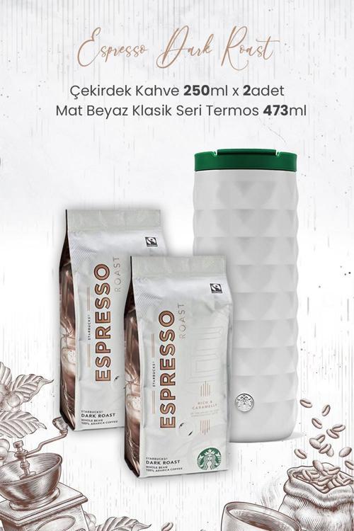 Espresso Dark Roast Çekirdek Kahve 250 Gr x 2 Adet ve Mat Beyaz Termos 473 ml