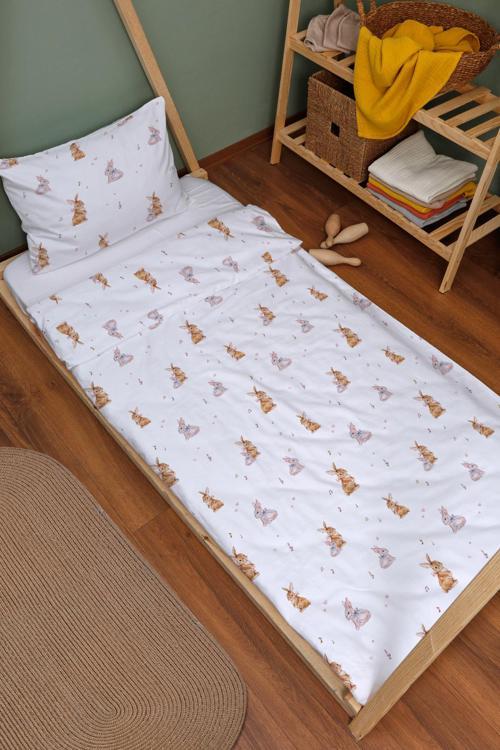 Organik Montessori Nevresim Seti (100x200) - Neşeli Tavşan Notaları