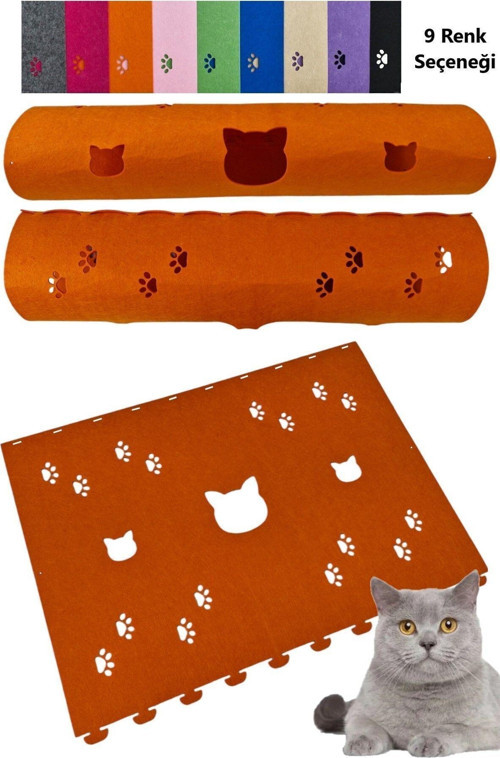 Kedi Tüneli Oyuncağı 1. Kalite 3Mm Keçeden Geçmeli 9 Renk Seçenekli 98 Cm Kedi Ve Pati Figürlü
