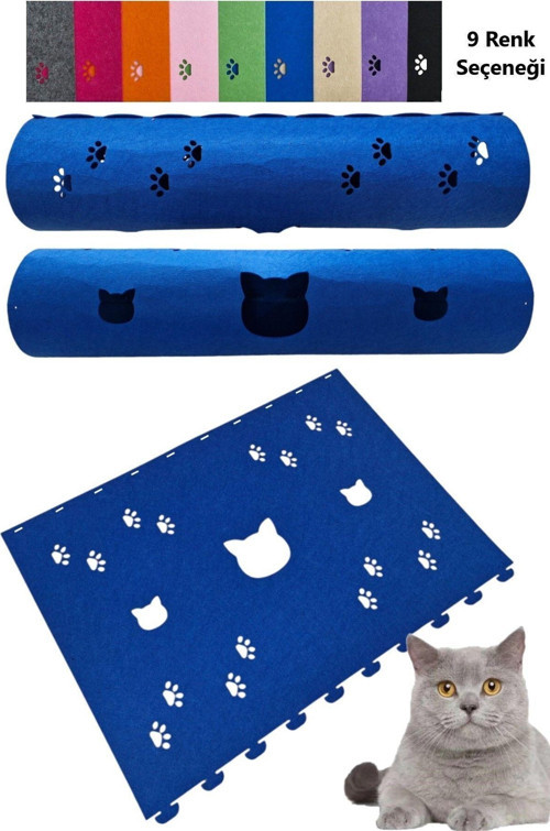Kedi Tüneli Oyuncağı 1. Kalite 3Mm Keçeden Geçmeli 9 Renk Seçenekli 98 Cm Kedi Ve Pati Figürlü