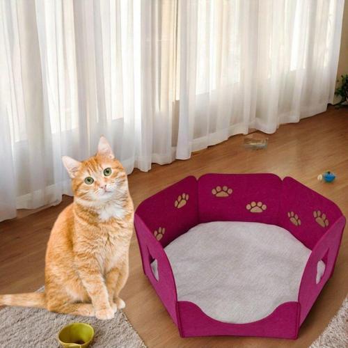 Kedi Yatağı Yuvası Evi Minderli Taşınabilir 3 Mm Keçe Altıgen Tasarım (Yuva+Minder)