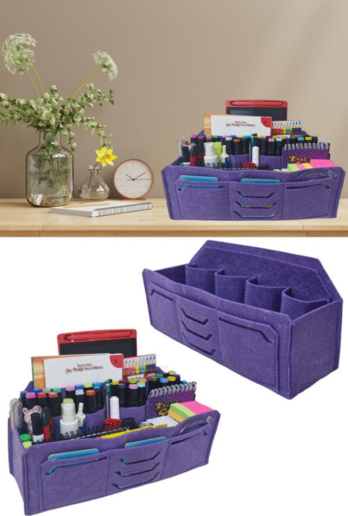 Masaüstü Kalemlik Organizer Mor Renk Ofis Düzenleyici Çok Gözlü 3Mm Keçe