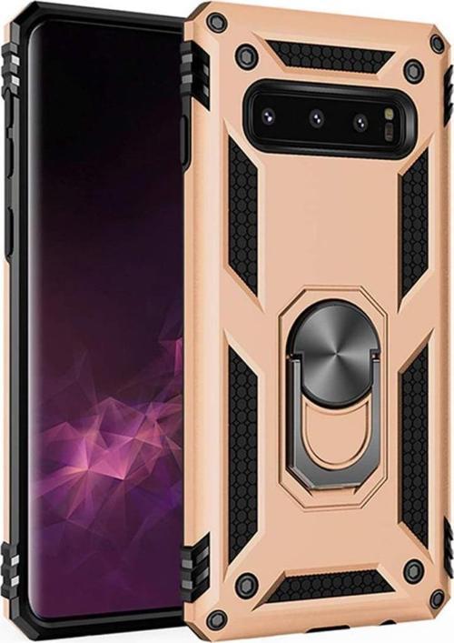 Galaxy S10 ile Uyumlu Yüzüklü Standlı Zırhlı Silikon Kılıf Gold
