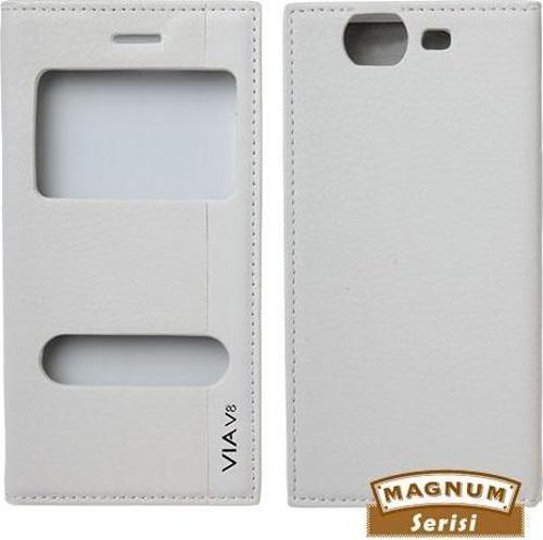 Via V8 ile Uyumlu Magnum Serisi Pencereli Yan Model Kapaklı Kılıf Beyaz