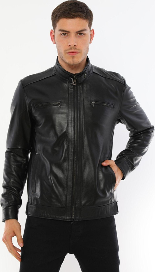 Erkek Siyah Minimal Fermuar Detaylı Deri Erkek Mont-E130T Siyah XL