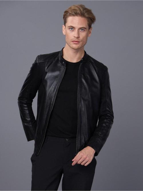 Erkek Siyah Deri Ceket Siyah XL