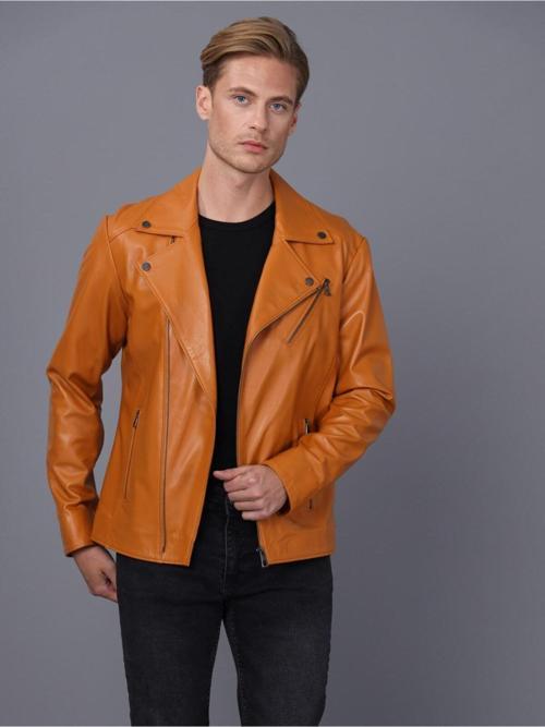 Erkek Kahverengi Deri Ceket Camel 3XL