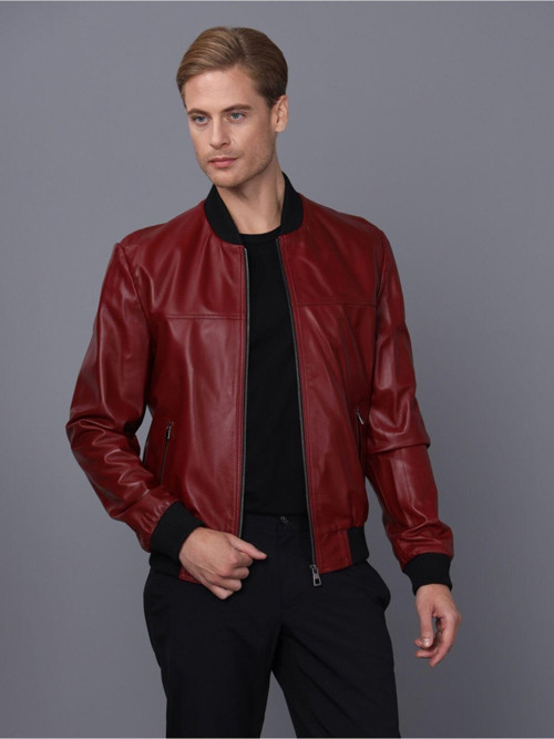Erkek Bordo Deri Ceket Bordo S