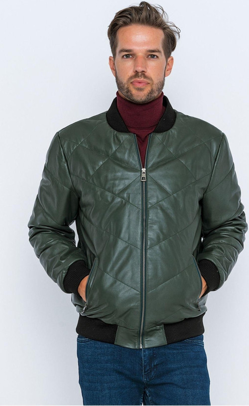 Erkek Koyuyeşil Bomber Deri Mont-E3001 Koyu Yeşil 3XL