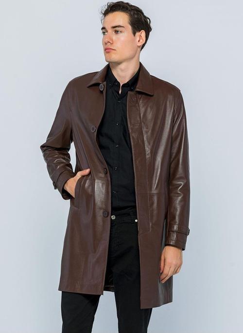 Erkek Hakiki Deri Uzun Ceket - French Çay Rengi M
