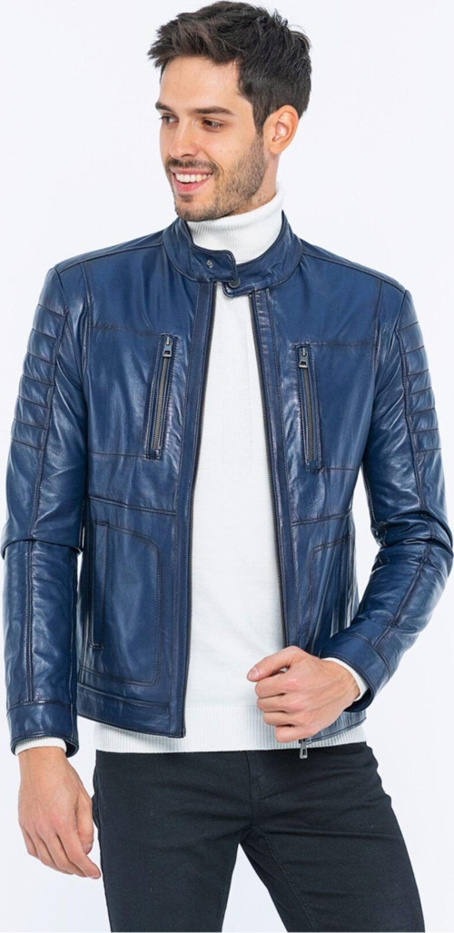 Erkek Deri Ceket Koyu Lacivert 3XL