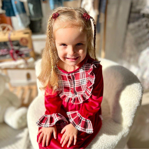 Kız Çocuk Uzun Kol Kırmızı Kadife Elbise