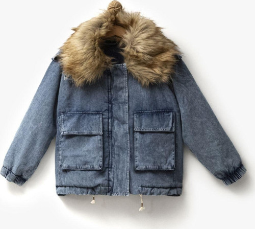 Kız Çocuk Kürk Yakalı Peluşlu Oversize Baskılı Kot Mont Ceket