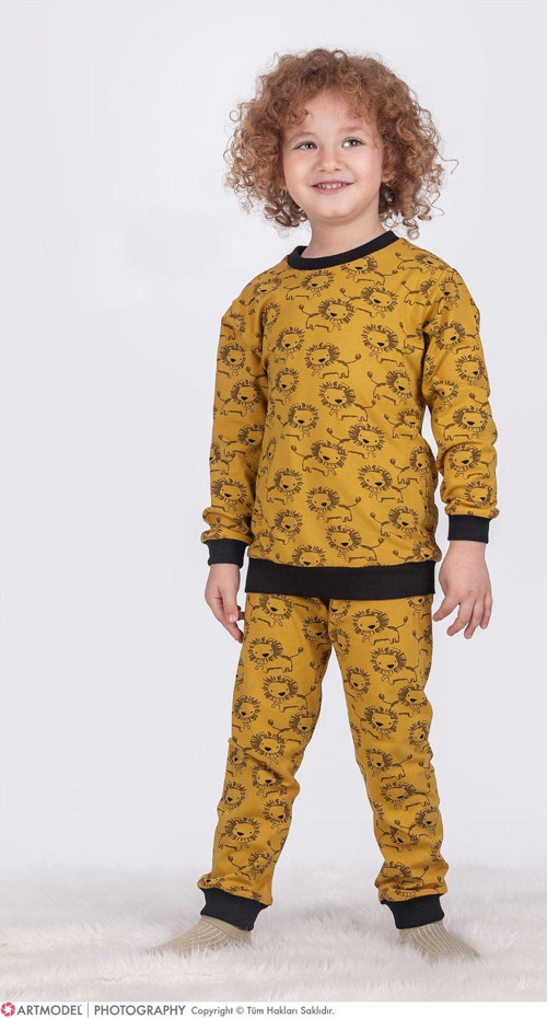 Aslanlı Çocuk Pijama Takım 3-7 Yaş Hardal 6-7 Yaş