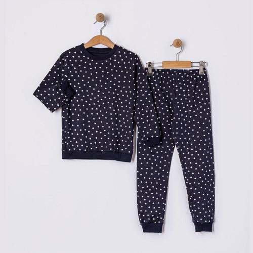Kalp Desenli Çocuk Pijama Takım Lacivert 5-6 Yaş