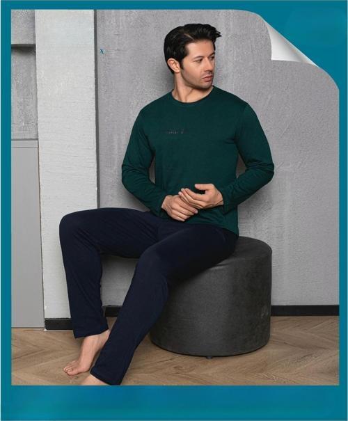 Erkek Bisiklet Yaka Penye Uzun Kol İnce Pijama Takımı A-301-991- 1 Adet