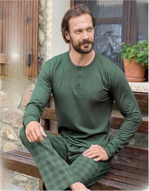 Erkek Modal Uzun Kollu  Pijama Takımı 3489 - 1 Adet Yeşil-M
