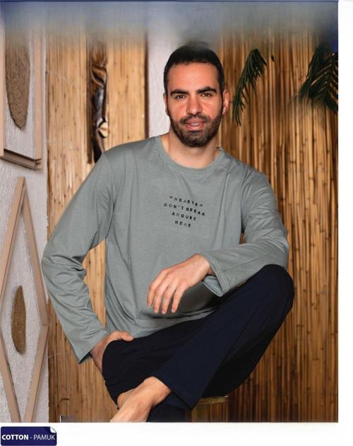 Erkek Süprem İnce Uzun Kol Pijama Takımı A 803/209 - 1 Adet Haki-2XL
