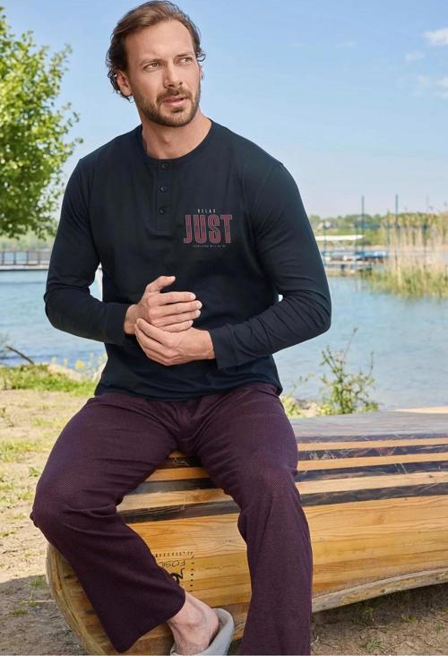 Erkek Modal Düğme Yaka Uzun Kollu  Pijama Takımı 3467 - 1 Adet Lacivert-M