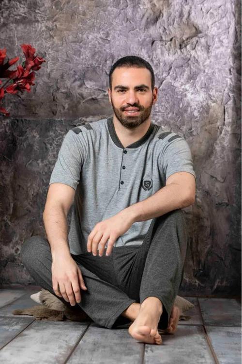 Erkek Süprem Düğme Yaka İnce Kısa Kol Pijama Takımı A9211/16 - 1 Adet Gri-M