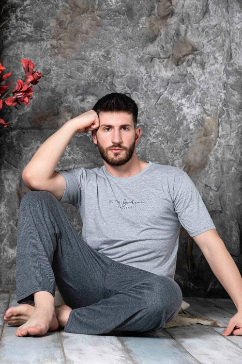 Erkek Süprem Bisiklet Yaka İnce Kısa Kol Pijama Takımı K300/194 - 1 Adet Gri-XL